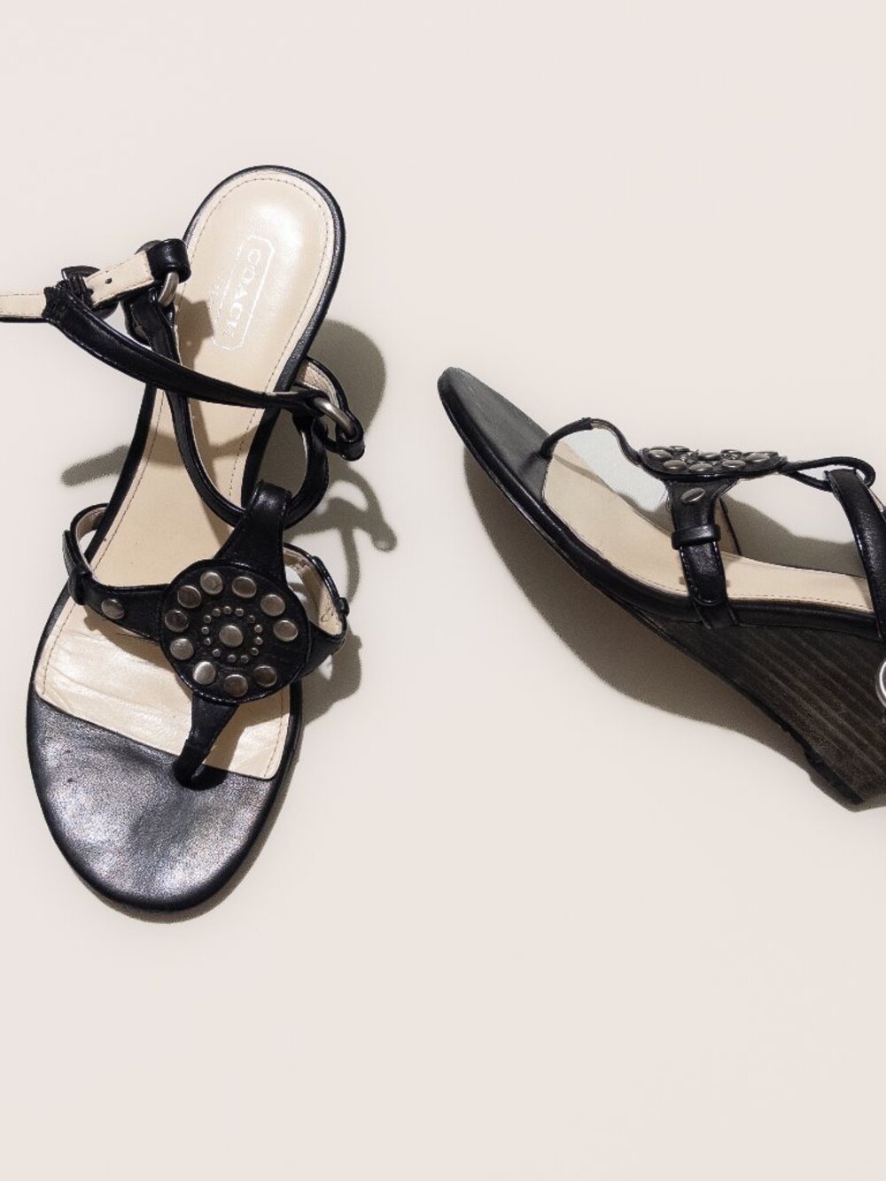 Coach Wedge Sandal Pumps With Metal Embellishments and Wooden Heels.